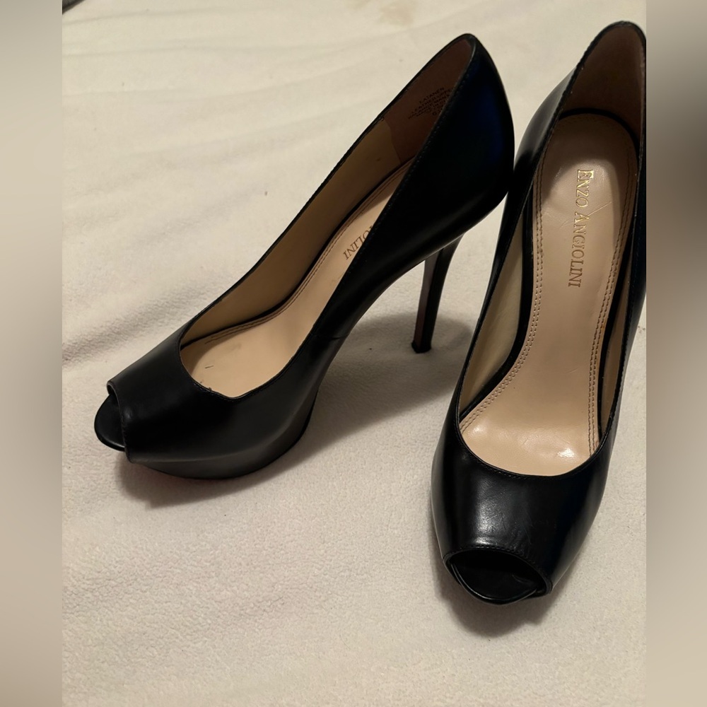 Enzo Angiolini peep toe black leather wrapped platform heels. Size 6.5